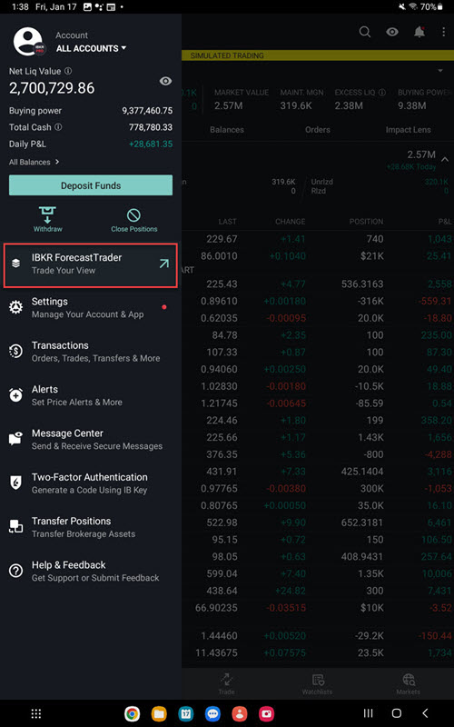 The IBKR ForecastTrader button on the Android Tablet